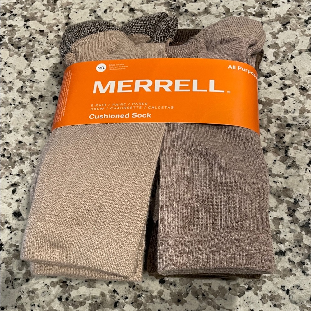 Merrell 6 Men's All-Purpose Cushioned Crew Socks Cream, Brown, NWT, M/L